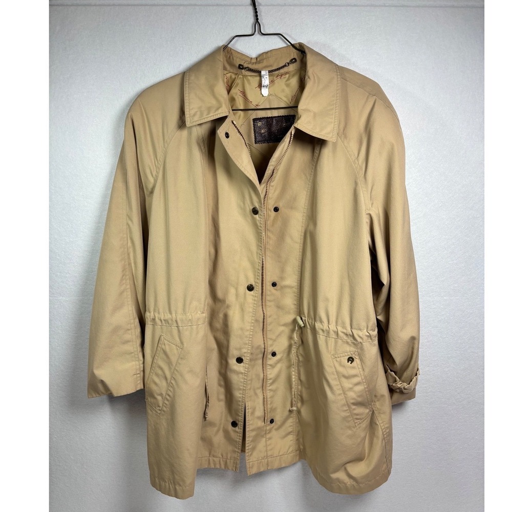 Vintage Etienne Aigner Khaki Trench Coat Tan Rain Jacket Drawstring Waist Sz 16